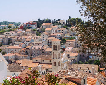 High angle view of townscape against clear sky