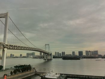 View of suspension bridge against cloudy sky