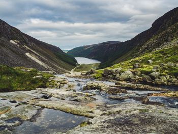 Moody glendalough valley with stream in ireland