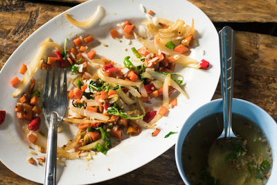 High angle view of food served in plate on table