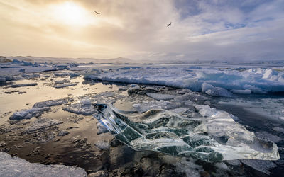 Aerial view of frozen sea against sky during winter