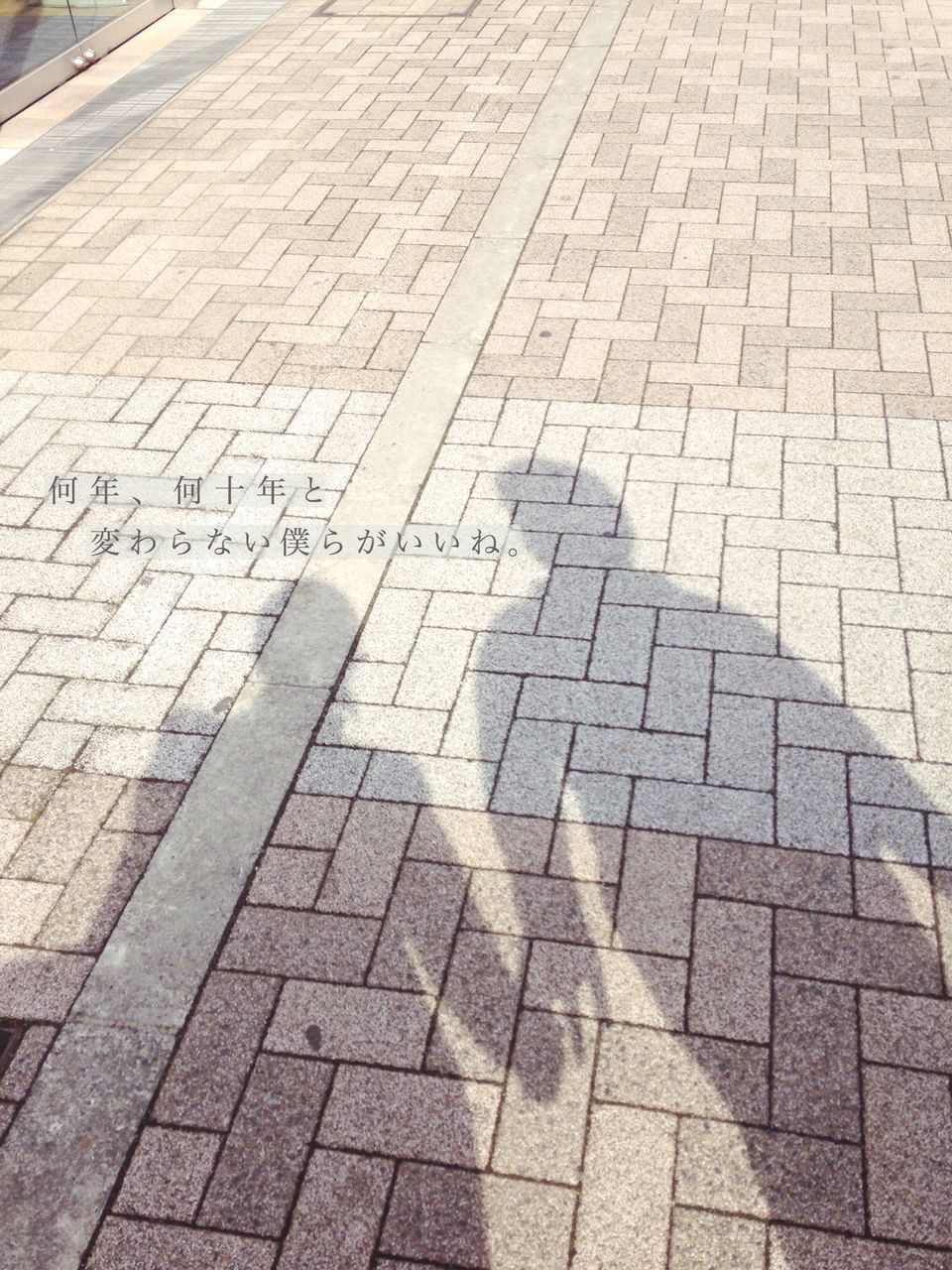 cobblestone, text, street, high angle view, paving stone, pattern, communication, the way forward, western script, tiled floor, day, footpath, textured, outdoors, shadow, sunlight, built structure, road marking, no people, pavement