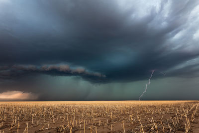 Thunderstorm with dramatic clouds and lightning over a farm field near colby, kansas