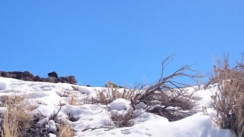 Scenic view of snow covered mountain against clear sky