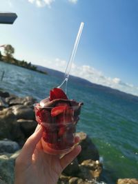 Person holding ice cream over sea against sky