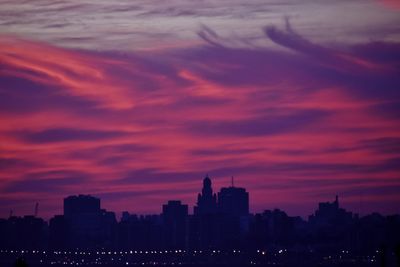 Silhouette of buildings against cloudy sky at sunset