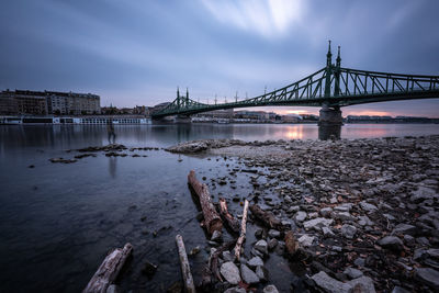 Bridge over river with city in background