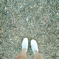 Low section of woman standing on pebbles at beach