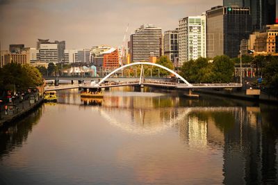 Bridge over river by buildings against sky in city