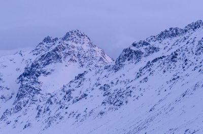 Scenic view of snow covered mountains against clear sky