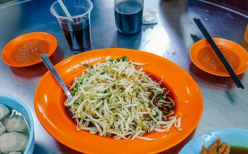 High angle view of breakfast served on table