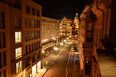 High angle view of city street at night