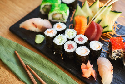 Close-up of sushi served on table