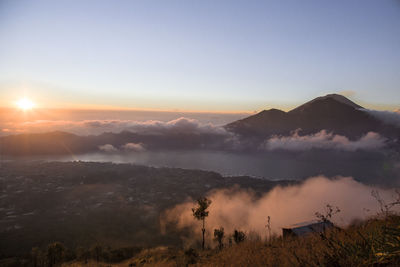 Scenic view of mountain against sky during sunset