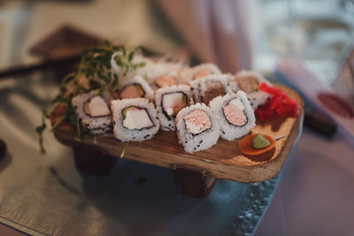 Close-up of sushi served on table