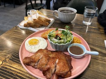 High angle view of food in plate on table