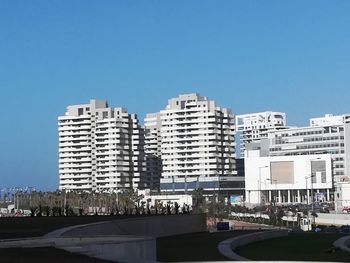 Modern cityscape against clear blue sky