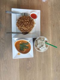 High angle view of breakfast served on table