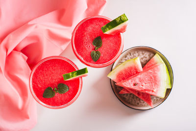 Refreshing watermelon cocktail with mint in glasses on the table top view