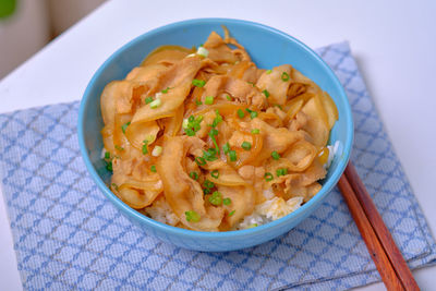 High angle view of noodles in bowl on table