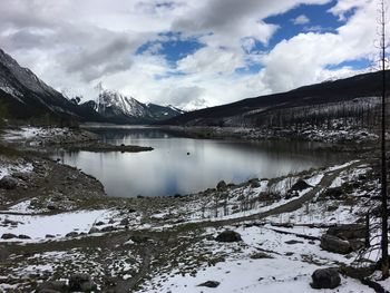 Scenic view of lake by snowcapped mountains against sky