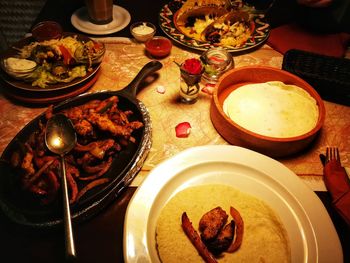 High angle view of meal served on table