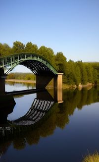 The arch bridge and it's reflection in the water. reflection of built structure in lake.