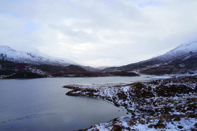 Scenic view of lake and snowcapped mountains against sky