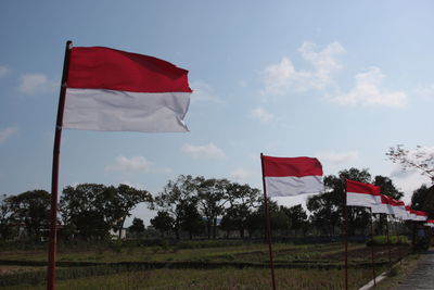 Low angle view of flag flags against sky