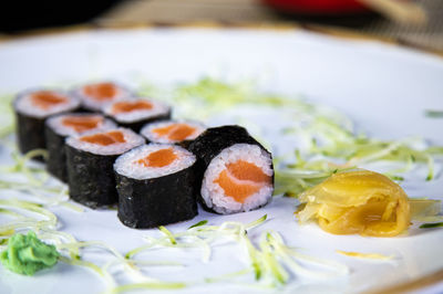 Close-up of sushi served in plate