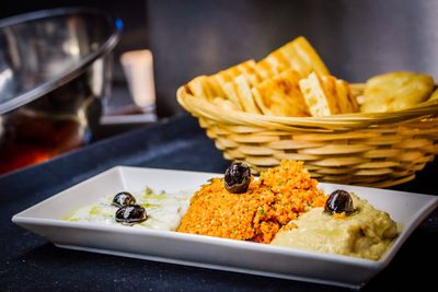 Close-up of food served on table