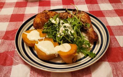 Close-up of breakfast served in plate