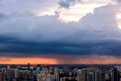 Scenic view of buildings against sky during sunset