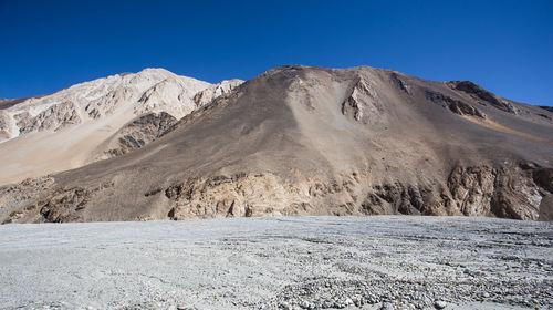 Scenic view of snowcapped mountains against clear blue sky