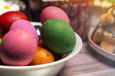 Close-up of easter eggs in bowl on table