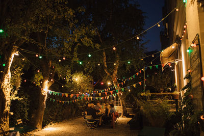 Multi-ethnic friends enjoying dinner party in illuminated backyard