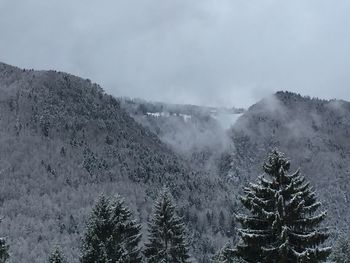 Scenic view of snow covered mountains against sky