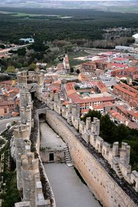 High angle view of castle in village