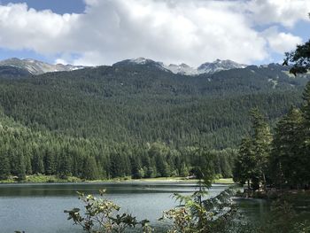 Scenic view of lake and mountains against sky