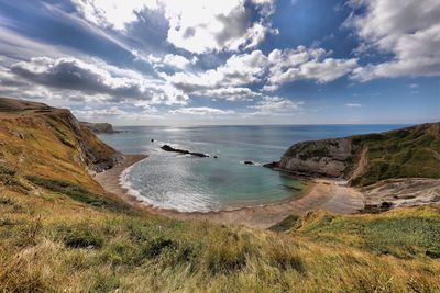 Scenic view of sea against cloudy sky