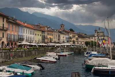 Boats moored at harbor