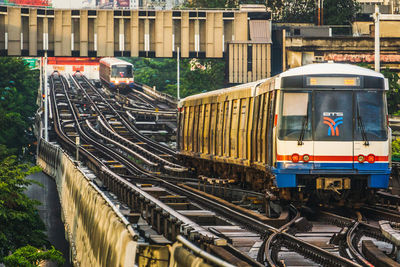 High angle view of train at railroad tracks