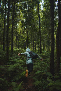 Rear view of man jumping at forest