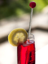 Close-up of drink on glass against blurred background