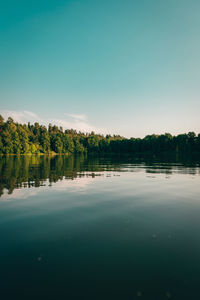 Scenic view of lake against clear blue sky