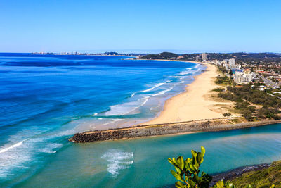 Scenic view of bay against clear blue sky