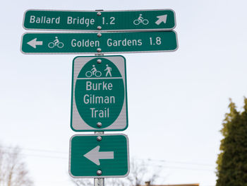 Low angle view of road sign against clear sky