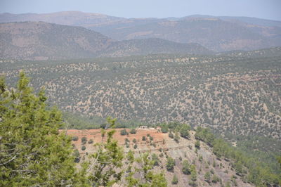 High angle view of landscape and mountains against sky