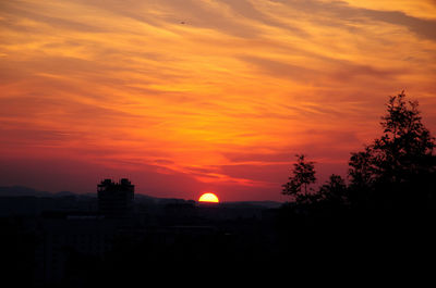 Silhouette trees and buildings against sky during sunset