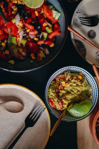 High angle view of meal served on table